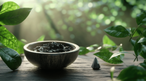 Un bol en bois rempli de pierres noires brillantes et de résine de shilajit, shilajit pur, shilajit en bocal, est posé sur une surface en bois, entouré de feuilles vertes. La lumière du soleil filtre à travers l'arrière-plan, créant une atmosphère sereine et naturelle enrichie par la présence de shilajit.