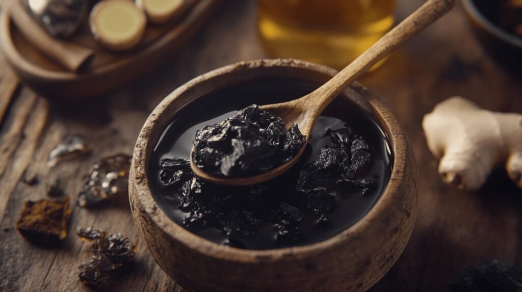 Un bol en bois contient une pâte de shilajit foncée et épaisse avec une cuillère en bois posée à l'intérieur. Ce shilajit pur de haute qualité complète parfaitement le cadre naturel. Autour du bol se trouvent des morceaux d'herbes et des tranches de gingembre sur une table en bois rustique, renforçant l'ambiance terreuse avec le shilajit en bocal bien en évidence dans la scène. L'utilisation de cette résine de shilajit authentique ajoute à l'esthétique organique globale, créant une atmosphère accueillante.
