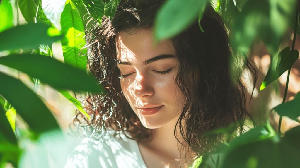 Une femme aux cheveux bouclés se tient au milieu de feuilles vertes luxuriantes, les yeux fermés, la lumière du soleil filtrant à travers le feuillage projetant de douces ombres sur son visage. Elle semble sereine, entourée par la nature, embrassant la tranquillité comme si elle était nourrie par le shilajit. Dans son environnement paisible, on peut ressentir la pureté proche du shilajit pur. Son essence semble se connecter profondément à la vitalité de la terre, un peu comme un pot de shilajit en bocal capturant l'énergie puissante de la nature. La scène rappelle une expérience de résine shilajit pure - enracinante et revitalisante au milieu de la splendeur de la nature.