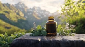 Une petite bouteille en verre ambré de shilajit pur repose sur une surface en bois ornée de feuilles de menthe fraîche, sur fond de montagnes ensoleillées et de verdure luxuriante. L'environnement immaculé met en valeur la pureté et la puissance naturelles de la résine de shilajit alors qu'elle repose dans son charmant contenant. Ce shilajit en bocal complète le paysage serein, avec sa riche histoire et ses nombreux bienfaits pour la santé qui attendent d'être découverts. En contemplant cette scène, l'attrait de cette substance ancienne invite à la curiosité et à l'exploration des merveilles contenues dans ce minuscule récipient.