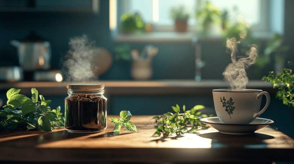 Une tasse de café fumante dans une tasse blanche avec un motif de feuille verte est posée sur une soucoupe. À proximité, un pot de SHILAJIT et des feuilles de menthe fraîche sont placés sur une table en bois. L'arrière-plan montre une cuisine au flou artistique avec la lumière du soleil qui entre.