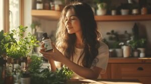 Une femme aux cheveux longs tient une bouteille de shilajit dans une cuisine ensoleillée remplie de plantes vertes et d'herbes. Elle semble satisfaite et est entourée de pots de shilajit pur, dont un bocal de shilajit en bocal et de résine de shilajit, ainsi que d'ustensiles de cuisine sur des étagères et des comptoirs en bois.