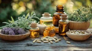 Une table en bois rustique présente des bouteilles en verre d'huiles essentielles, des bols en bois contenant des herbes fraîches et des capsules dispersées de shilajit pur. Le feuillage vert vif en arrière-plan ajoute une ambiance naturelle à la scène, complétée par un petit bocal contenant de la résine de shilajit.