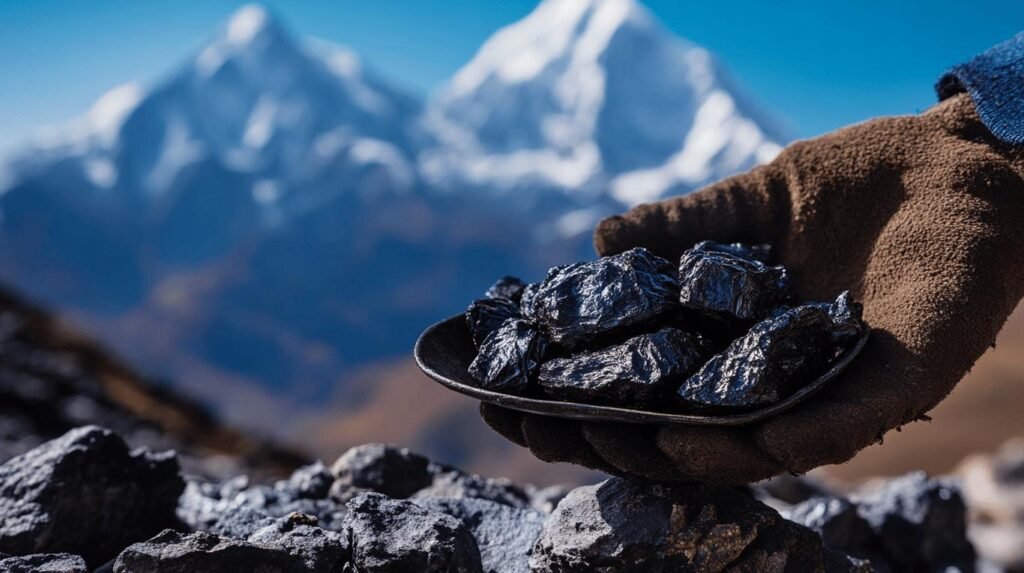 Une main gantée tient un plat en métal rempli de morceaux noirs brillants de shilajit, de shilajit pur et de résine de shilajit sur fond de montagnes enneigées sous un ciel bleu clair. Vous pourriez même trouver le shilajit en bocal dans des endroits immaculés similaires.