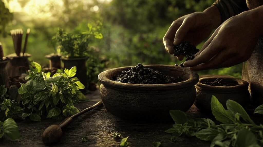 Des mains sont représentées travaillant avec de la terre et de la résine shilajit dans un bol rustique sur une table extérieure, entourée d'herbes fraîches et de plantes, avec la lumière du soleil filtrant à travers la verdure en arrière-plan.