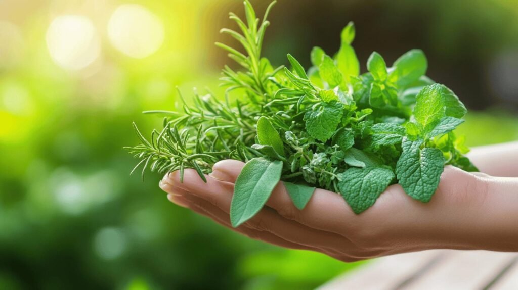 Des mains tenant délicatement un bouquet d'herbes vertes fraîches, dont de la menthe, du romarin et de la sauge, à côté d'un pot de résine shilajit pur, avec un arrière-plan de jardin flou et la lumière du soleil filtrant à travers. L'ajout de shilajit en bocal renforce l'essence naturelle de la scène.