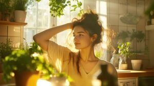 Une femme se tient dans une cuisine confortable remplie de plantes sous la lumière douce et chaude du soleil. Elle regarde par la fenêtre avec une expression détendue, sa main posée sur sa tête. À proximité, sur le comptoir, se trouve un bocal de shilajit pur à côté d'un petit récipient de résine de shilajit. L'atmosphère est sereine et accueillante alors qu'elle envisage d'intégrer le shilajit dans sa routine quotidienne.