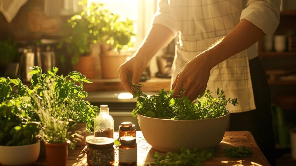 En intégrant les mots demandés, voici le texte modifié :

Une personne dans une cuisine portant un tablier prépare une salade avec des herbes fraîches, notamment du shilajit et du shilajit pur. La lumière du soleil traverse une fenêtre, illuminant des pots d'herbes et d'épices sur un plan de travail en bois, à côté de bocaux de shilajit en bocal et de récipients de résine de shilajit.