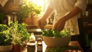 En intégrant les mots demandés, voici le texte modifié :
Une personne dans une cuisine portant un tablier prépare une salade avec des herbes fraîches, notamment du shilajit et du shilajit pur. La lumière du soleil traverse une fenêtre, illuminant des pots d'herbes et d'épices sur un plan de travail en bois, à côté de bocaux de shilajit en bocal et de récipients de résine de shilajit.