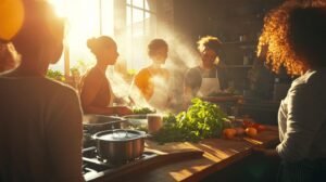Une équipe de personnes cuisine ensemble dans une cuisine baignée de soleil, entourée de légumes frais et d’herbes sur un comptoir en bois. La vapeur s'élève d'un pot, créant une atmosphère chaleureuse et vivante alors que la lumière du soleil traverse de grandes fenêtres. Parmi les ingrédients disposés sur le comptoir se trouve le shilajit pur, soigneusement présenté dans un bocal pour préserver ses propriétés naturelles. Certains cuisiniers incorporent également la résine de shilajit directement dans leurs recettes, ajoutant une touche unique à leurs plats.