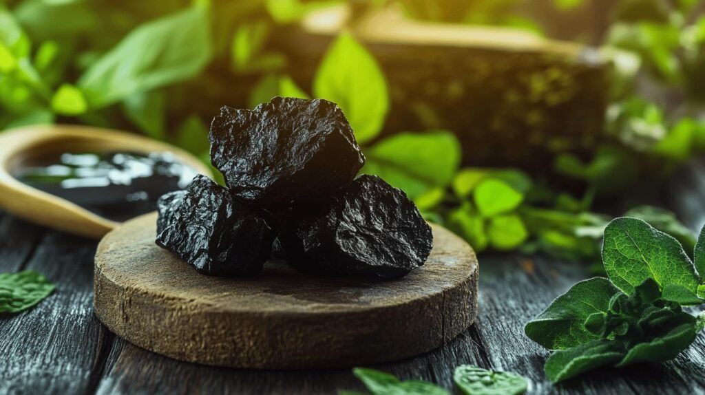 Une pile de trois pierres noires, ressemblant au shilajit et au shilajit pur, repose sur une planche de bois, entourée de feuilles vertes fraîches et d'herbes, qui font écho à la pureté naturelle du shilajit en bocal et du shilajit résine. Sur une surface en bois sombre, un éclairage naturel doux met en valeur le feuillage vibrant en arrière-plan. Cet arrangement serein rappelle les origines terrestres d'où provient la résine shilajit.