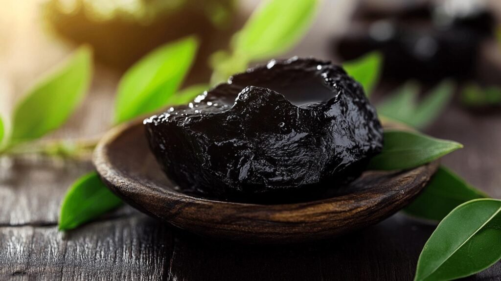 Un bloc de miel noir foncé et brillant, ressemblant à de la résine de shilajit, repose sur une assiette en bois, entourée de feuilles vertes. La surface du bloc est brillante et sa texture est lisse, contrastant avec le fond en bois rustique. La lumière du soleil illumine doucement la scène, mettant en valeur la riche essence du shilajit pur. Cette présentation captivante pourrait facilement être confondue avec du shilajit en bocal en raison de son apparence frappante et de son attrait naturel.