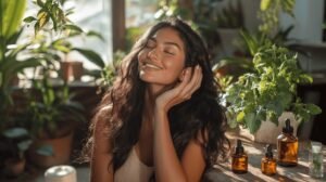 Une femme aux cheveux longs et ondulés sourit béatement assise au milieu de plantes vertes luxuriantes. Elle pose sa main sur sa joue, entourée de l'essence terreuse du shilajit, du shilajit pur et du shilajit en bocal. Plusieurs flacons compte-gouttes en verre ambré remplis de résine de shilajit sont posés sur une surface voisine, créant une atmosphère sereine et naturelle.