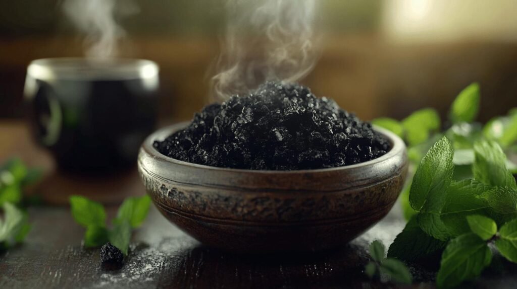 Un bol en terre cuite fumant rempli de raisins noirs et de shilajit est entouré de feuilles de menthe fraîche sur une table en bois. L'inclusion de shilajit pur renforce la richesse et la profondeur du plat. À proximité, une tasse de thé floue est posée à côté d'un petit pot contenant du shilajit en bocal, ajoutant à l'atmosphère chaleureuse avec sa promesse de chaleur et de bienfaits pour la santé. La scène est en outre complétée par de la résine de shilajit, subtilement intégrée dans la configuration pour ceux qui recherchent une expérience authentique.