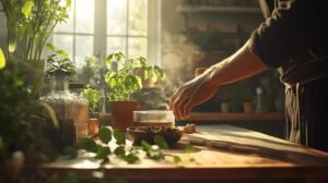 Une personne s'occupe de plantes d'intérieur sur une table en bois baignée par la chaleur du soleil. Diverses plantes en pot, des bocaux de shilajit pur et de shilajit en bocal et des outils de jardinage sont visibles, avec de la vapeur s'élevant d'un bol de résine de shilajit, créant une atmosphère sereine, semblable à celle d'une serre.