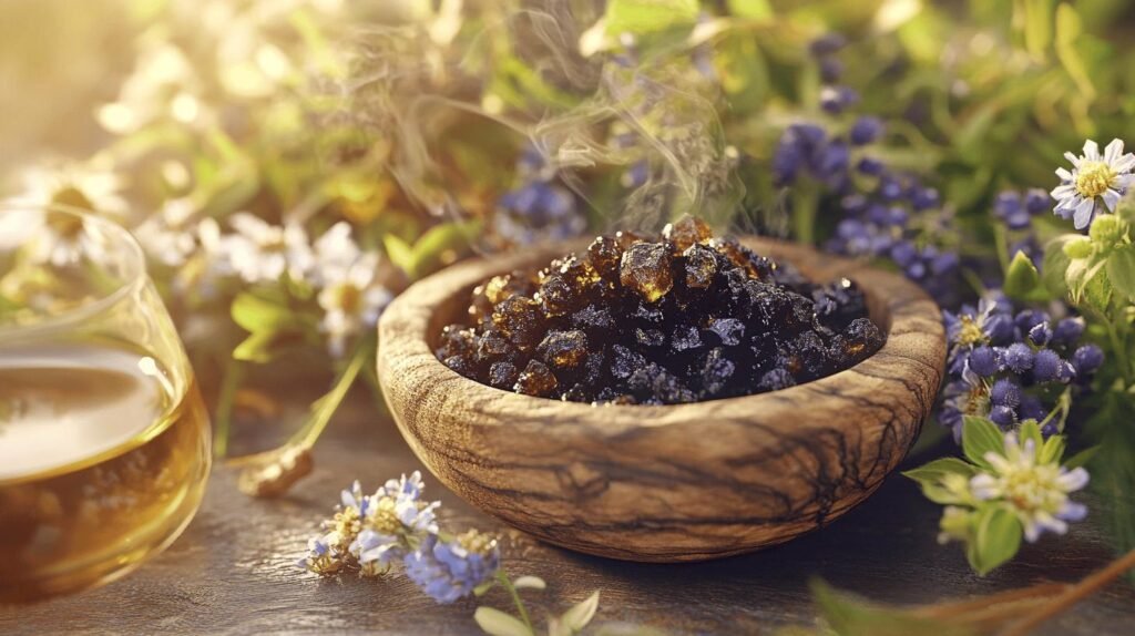 Un bol en bois rempli de résine aromatique de shilajit dégage de la fumée, entouré de fleurs bleues et de verdure. Un verre de liquide doré est posé à proximité, le tout baigné d'une douce lumière naturelle. La présence de shilajit pur ajoute une touche unique à la scène, tandis que le shilajit en bocal offre un arôme terreux qui complète l'environnement naturel. Ensemble, ces éléments créent une atmosphère sereine enrichie par les bienfaits ancestraux du shilajit.