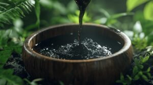 Un bol en bois rempli d'un liquide sombre, le shilajit, entouré de feuilles vertes luxuriantes. Un jet de liquide shilajit pur est versé dans le bol, créant des ondulations à la surface. À proximité, vous pouvez voir un pot étiqueté shilajit en bocal, contenant de la résine de shilajit pour un accès et un stockage faciles.