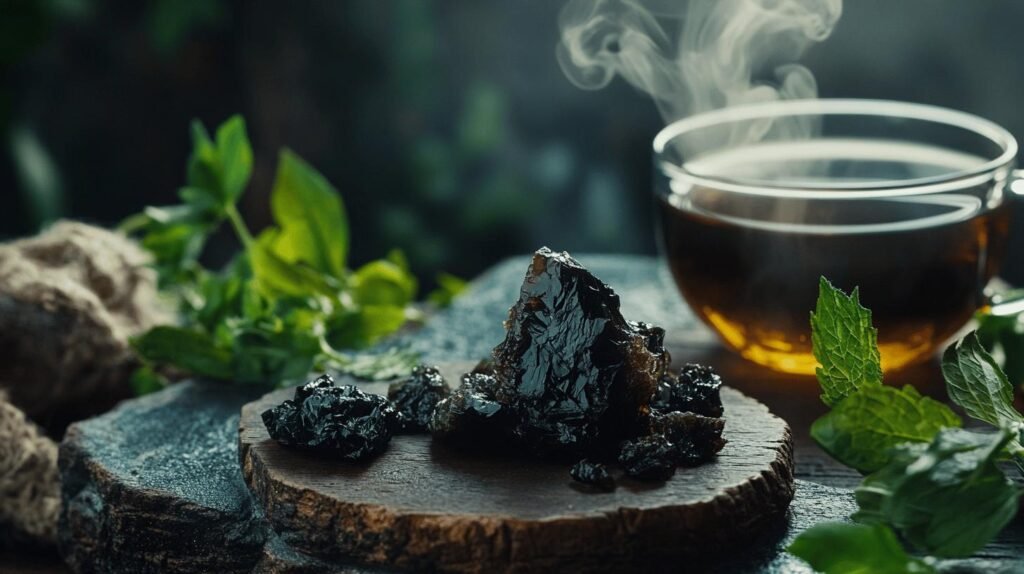 Un décor rustique avec une tasse fumante de tisane et un morceau de résine de shilajit séchée sur une surface en bois entourée de feuilles vertes. L'arrière-plan est légèrement flou, renforçant l'atmosphère chaleureuse et naturelle avec la présence de shilajit pur dans un bocal ajoutant un élément de bien-être traditionnel.