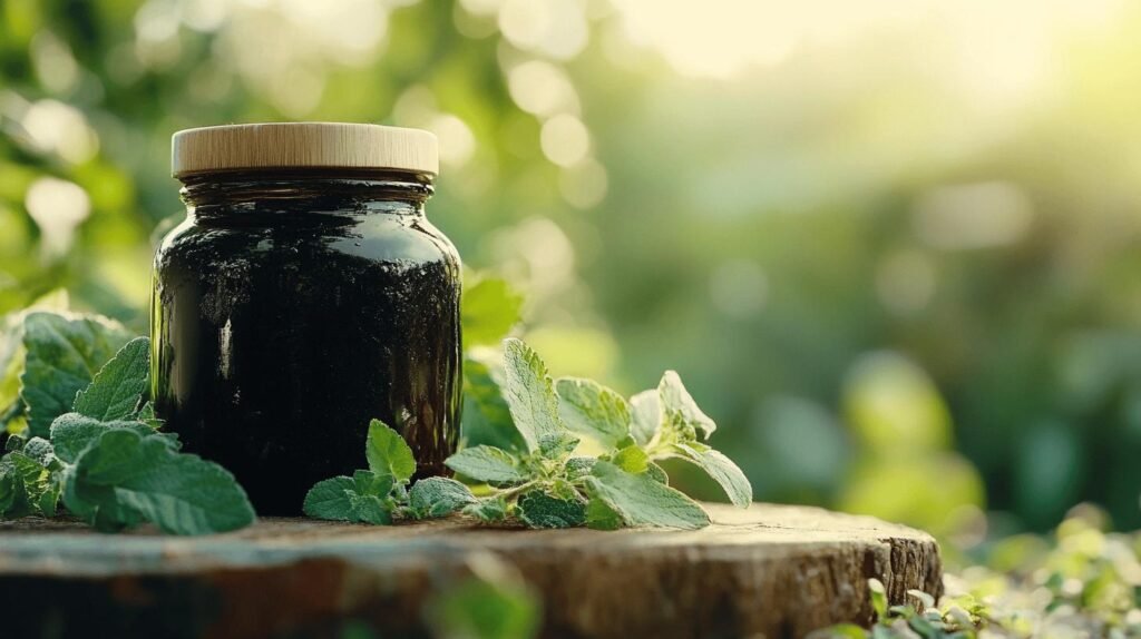 Voici votre texte enrichi avec les mots-clés demandés : --- Un pot en verre avec un couvercle en bois, rempli d'une substance sombre de shilajit, shilajit pur ou shilajit résine, repose sur une souche d'arbre à côté de feuilles de menthe verte fraîche. Ce shilajit en bocal se démarque du soleil et de la verdure floue en arrière-plan. --- N'hésitez pas si vous souhaitez d'autres versions ou ajustements !.