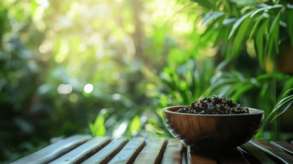 Un bol en bois rempli de baies sombres et de shilajit repose sur une surface en bois latté. L'arrière-plan est composé d'un feuillage vert luxuriant, traversé par la lumière du soleil, créant une atmosphère sereine et naturelle. L'essence de shilajit en bocal complète le décor, évoquant une sensation de tranquillité. La présence de résine de shilajit ajoute une touche naturelle à la scène.