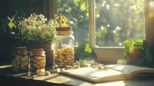 Bien sûr ! Voici votre texte adapté avec l'ajout des mots-clés demandés : Des pots remplis de capsules de shilajit, shilajit pur et shilajit en bocal reposent sur une table en bois ensoleillée près d'une fenêtre. A proximité, un cahier ouvert et de petits vases de fleurs sauvages ajoutent à l'atmosphère tranquille. La présence de résine shilajit pure (shilajit résine) accentue encore le cadre chaleureux et naturel. Si vous souhaitez une version strictement en français ou que je reformule davantage pour intégrer encore mieux les mots-clés dans le texte, n'hésitez pas à me préciser !.