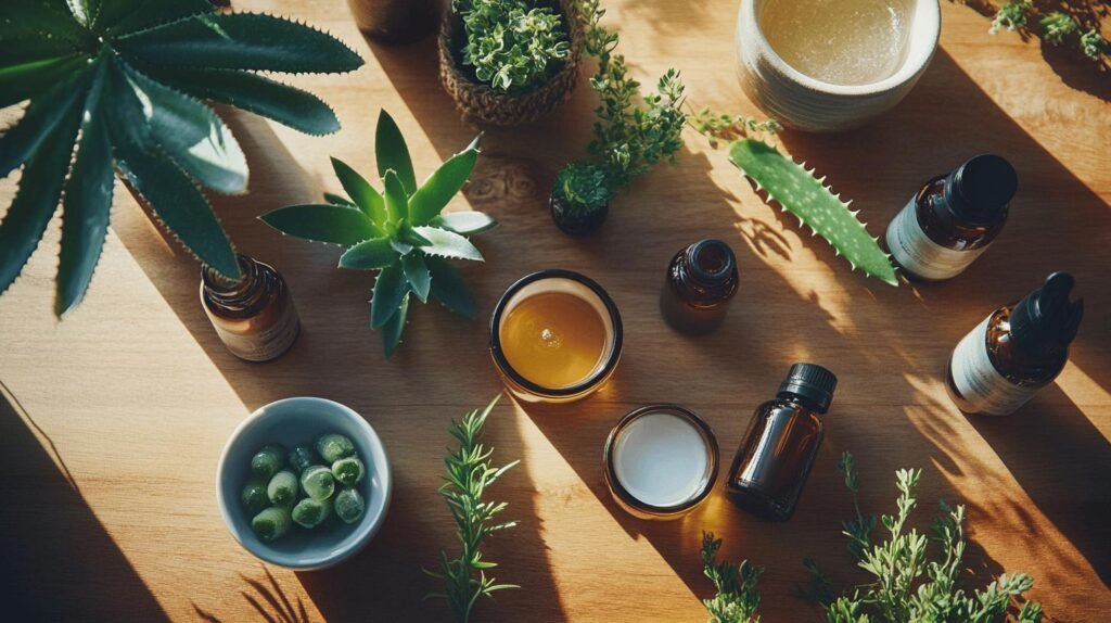Bien sûr ! Voici la description de l'image, enrichie avec les mots demandés : shilajit, shilajit pur, shilajit en bocal, et shilajit resine : --- Sur une table en bois sont disposées divers flacons en verre, des bocaux de crème, des plantes succulentes, des herbes vertes et des tranches d'aloe vera. Parmi ces éléments naturels évoquant un univers bien-être ou des soins naturels, on trouve également du shilajit pur présenté dans un bocal élégant. Une petite portion de résine shilajit ressort à côté d’autres ingrédients naturels pour illustrer ses propriétés uniques. Ce mélange met particulièrement l'accent sur le shilajit sous différentes formes – que ce soit le shilajit résine ou le shilajit pur en bocal – parmi les autres produits naturels présents sur la table baignée par une douce lumière naturelle. --- N'hésitez pas à préciser si vous souhaitez une version plus longue, ou vous concentrer sur un aspect spécifique (soins du visage, déco artisanale…).