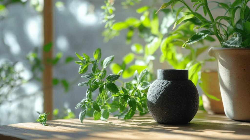 Bien sûr ! Voici votre texte enrichi des mots-clés demandés : shilajit, shilajit pur, shilajit en bocal, et shilajit résine. --- Un petit pot de shilajit en pierre noire se trouve sur une surface en bois éclairée par le soleil, entourée de plantes vertes en pot, avec la lumière du soleil entrant depuis l'arrière-plan. Ce shilajit en bocal contient du shilajit pur de première qualité, soigneusement conservé pour conserver ses puissants bienfaits naturels. La couleur riche et sombre du pot fait allusion à la nature puissante et pure de la résine shilajit à l'intérieur. --- Si vous souhaitez le texte en français ou que je détaille davantage l'intégration des mots-clés, n'hésitez pas à le préciser !.