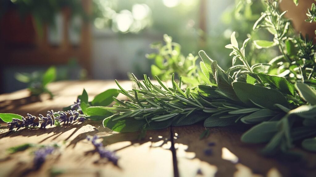 Bien sûr ! Voici la description revisitée, intégrant les mots « shilajit », « shilajit pur », « shilajit en bocal » et « shilajit résine » comme demandé : --- Un bouquet d'herbes fraîches, comprenant du romarin et de la sauge, repose sur une table en bois baignée de soleil. À côté des herbes traditionnelles, un petit pot de shilajit pur est disposé à côté d'un shilajit en bocal, mettant en valeur la précieuse résine noire de shilajit. En arrière-plan, le jardin verdoyant flou apporte une touche naturelle, tandis que quelques fleurs violettes sont disséminées autour des herbes et des bocaux de shilajit. ---.