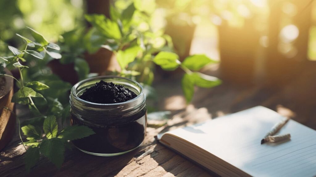 Bien sûr ! Voici une version réécrite de votre phrase résine en intégrant les mots-clés "shilajit", "shilajit pur", "shilajit en bocal" et "shilajit résine" : Un bocal en verre de shilajit pur, rappelant la texture de la résine précieuse appelée shilajit, repose sur une table en bois à côté de petites plantes vertes et d'un carnet ouvert avec un crayon. Le tout baigne dans une lumière et chaleureuse naturelle, mettant en valeur ce shilajit en extrait bocal du sol. N'hésitez pas si vous souhaitez adapter cette description ou l'allonger pour répondre à vos besoins !.