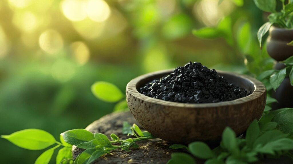 Bien sûr ! Voici une description enrichie en incluant les mots-clés demandés (shilajit, shilajit pur, shilajit en bocal, shilajit résine): --- Un bol en bois rempli de poudre noire ou de granulés de shilajit repose sur une surface naturelle entourée de feuilles vertes, tandis qu'une douce lumière filtrée éclaire l'arrière-plan. Ce shilajit pur, soigneusement sélectionné dans son environnement naturel, évoque la puissance brute du shilajit résine traditionnelle. Que ce soit sous forme de poudre ou présenté comme du shilajit en bocal, ce remède ancestral est mis à l'honneur dans un cadre serein rappelant ses origines authentiques. ---.