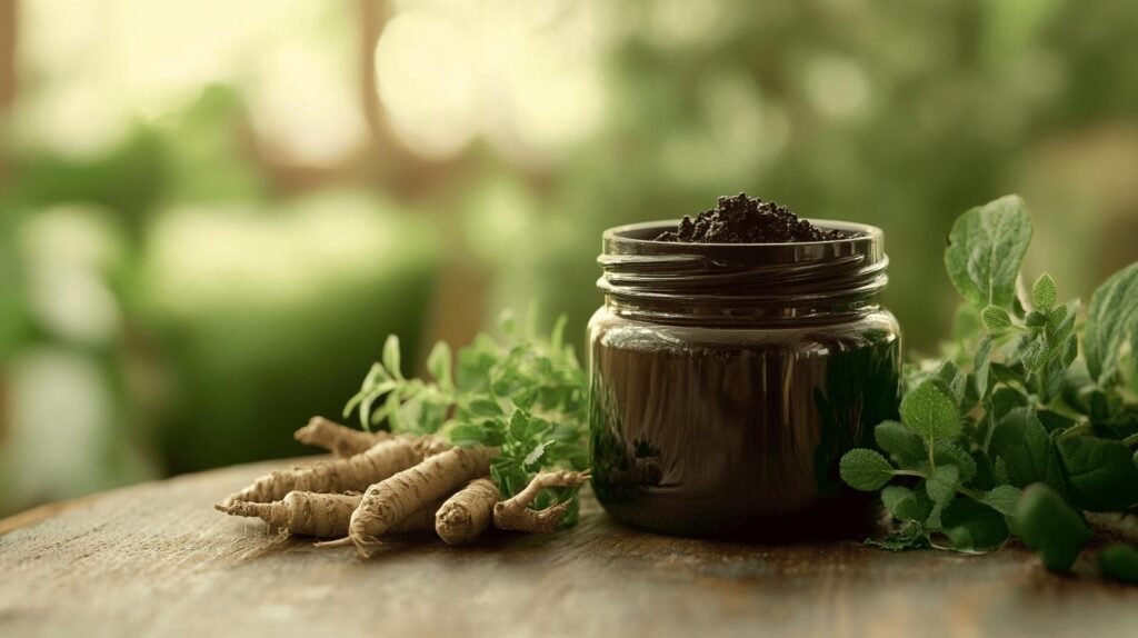 Voici comment reformuler la description tout en y incluant les mots « shilajit », « shilajit pur », « shilajit en bocal » et « shilajit resine » : Un bocal en verre rempli de shilajit pur sous forme de résine noire est posé sur une surface en bois, entouré d'herbes vertes fraîches et de plusieurs racines de ginseng, avec un arrière-plan flou aux tons verts. Ce shilajit en bocal met en avant la qualité de la résine shilajit authentique utilisée dans la préparation. Traduction anglaise (si besoin) : Un pot en verre rempli de résine Shilajit pure repose sur une surface en bois, entouré d'herbes vertes fraîches et de plusieurs racines de ginseng, avec un fond vert doux. Ce Shilajit en pot met en valeur l'authenticité de la résine pure Shilajit utilisée. Si tu as besoin que j’injecte ces termes dans d’autres textes ou descriptions spécifiques, n’hésite pas à me les fournir !.