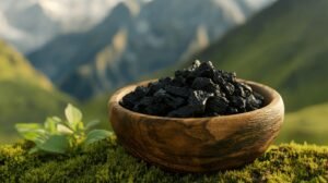 Bien sûr ! Voici une version de votre texte intégrant les mots shilajit, shilajit pur, shilajit en bocal et shilajit résine : Un bol en bois rempli de roches noires de shilajit pur repos sur un sol recouvert de mousse, avec des montagnes vertes et des sommets flous à l'arrière-plan. À côté du bol, une petite plante feuillue met en valeur la naturalité du décor. Ce bol pourrait contenir du shilajit résine ou encore du shilajit en bocal, mis en avant dans un environnement authentique pour souligner l’origine naturelle du précieux élixir. N’hésitez pas si vous souhaitez d’autres formulations !.