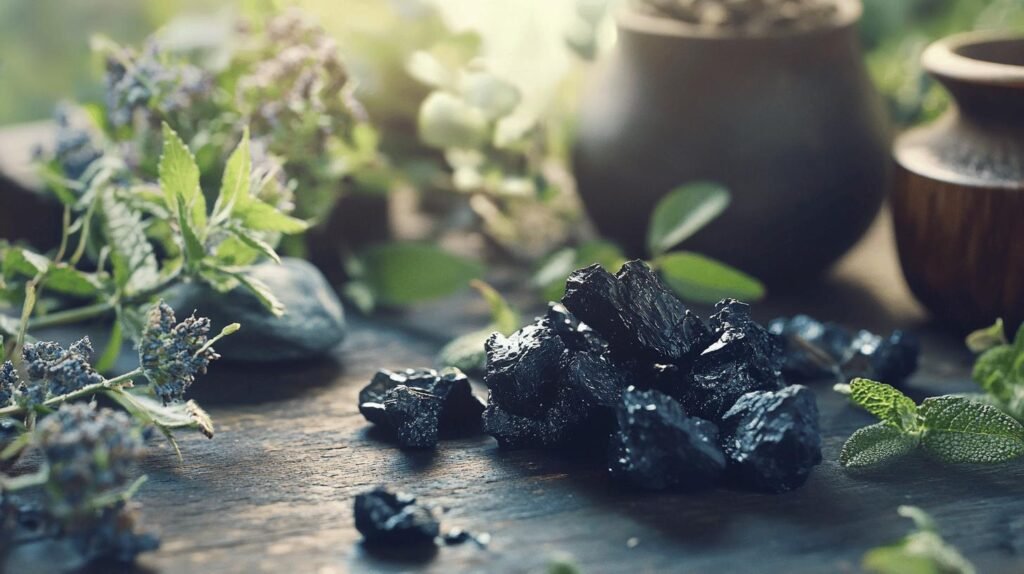 Bien sûr ! Voici votre texte adapté en anglais, intégrant les mots clés "shilajit", "shilajit pur", "shilajit en bocal" et "shilajit resine" de façon naturelle : Un tas de pierres noires brillantes de shilajit repose sur une surface en bois entourée d'herbes et de feuilles vertes, avec du shilajit pur en forme de shilajit en bocal et de la résine de shilajit placée à proximité. Des pots en argile flous et davantage de feuillage sont visibles en arrière-plan tandis qu'une douce lumière naturelle illumine la scène, soulignant la pureté et l'authenticité du shilajit. N'hésitez pas à me demander pour d'autres variantes ou pour la traduction vers le français !.