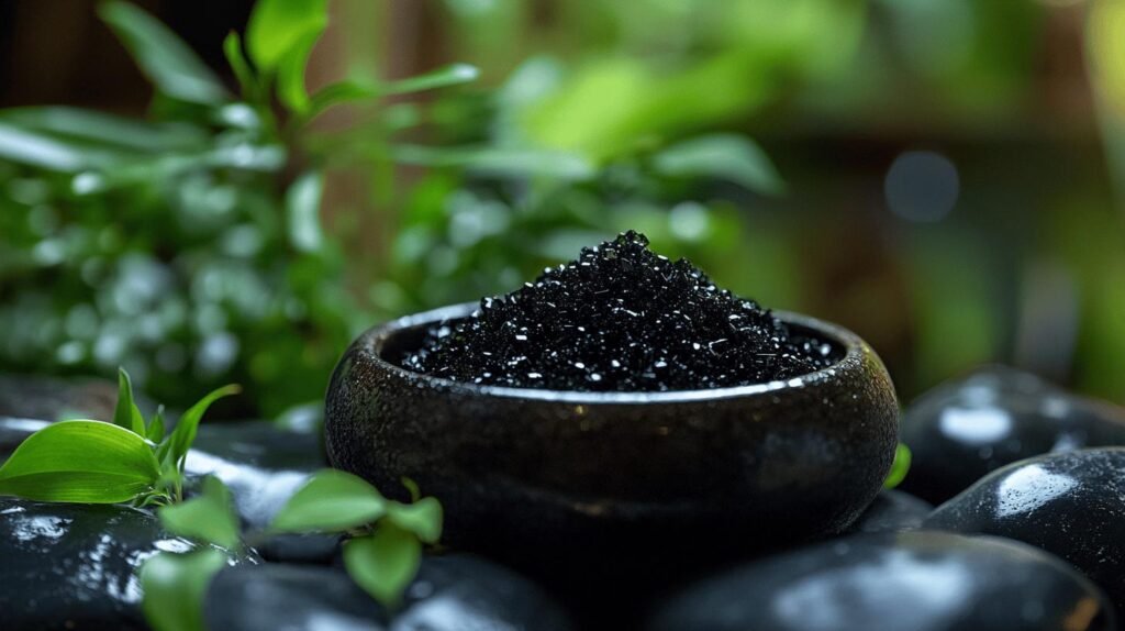 Bien sûr ! Voici votre texte enrichi avec les mots-clés demandés : shilajit, shilajit pur, shilajit en bocal, shilajit résine. --- Un petit bol noir rempli de gros cristaux noirs de shilajit se trouve parmi des pierres noires lisses et des feuilles vertes, créant un cadre naturel semblable à celui d'un spa avec un fond vert flou. La scène met en valeur la pureté du shilajit pur, soulignant ses origines naturelles. À côté du bol se trouve un petit pot en verre contenant du shilajit et du bocal, mettant en valeur la polyvalence de ce puissant complément. La texture riche et la couleur sombre reflètent l'essence de la résine shilajit, la rendant parfaite pour les rituels de bien-être dans des environnements sereins. --- N'hésitez pas à préciser si vous souhaitez le texte uniquement en anglais ou si une version française serait utile !.