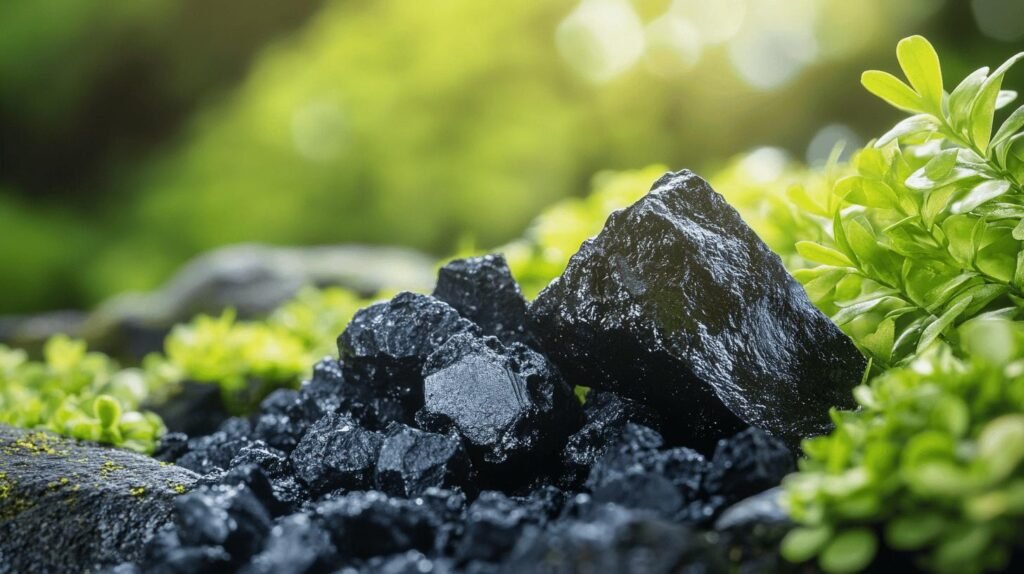 Bien sûr ! Voici le texte enrichi avec les mots-clés "shilajit", "shilajit pur", "shilajit en bocal" et "shilajit résine" : Texte modifié : Des roches de charbon noires brillantes, ressemblant à du shilajit, shilajit pur, et même du shilajit en bocal ou de la shilajit résine, reposent au sol, entourées de plantes vertes et baignées d'un doux soleil. Cela crée un contraste saisissant entre les pierres sombres, évoquant le shilajit authentique et la résine shilajit pure, et le feuillage vibrant. N'hésitez pas si vous souhaitez une adaptation entièrement en français ou d'autres modifications !.