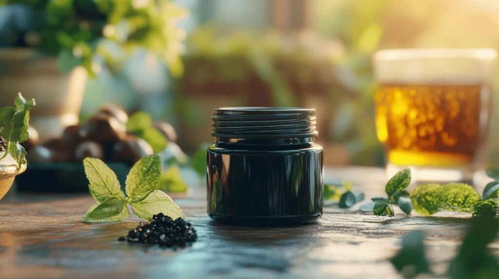 Bien sûr ! Voici votre texte enrichi des mots-clés shilajit, shilajit pur, shilajit en bocal et shilajit résine : Un petit bocal noir de shilajit pur repos sur une table en bois entouré de feuilles de menthe fraîches, de graines noires et d'un verre de liquide naturel doré, le tout baignant dans une lumière chaleureuse. Ce shilajit en bocal contient une résine précieuse de shilajit, réputée pour ses vertus authentiques.