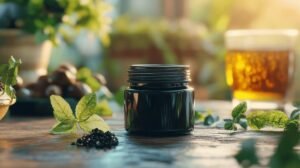 Bien sûr ! Voici votre texte enrichi des mots-clés shilajit, shilajit pur, shilajit en bocal et shilajit résine : Un petit bocal noir de shilajit pur repos sur une table en bois entouré de feuilles de menthe fraîches, de graines noires et d'un verre de liquide naturel doré, le tout baignant dans une lumière chaleureuse. Ce shilajit en bocal contient une résine précieuse de shilajit, réputée pour ses vertus authentiques.