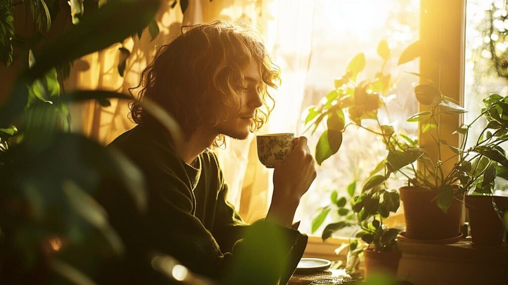 Bien sûr ! Voici la description enrichie avec les mots demandés : Une personne aux cheveux bouclés est assise parmi de luxuriantes plantes d'intérieur près d'une fenêtre baignée de soleil, sirotant paisiblement une tasse ornée de motifs floraux. Des rayons chaleureux filtrent à travers les rideaux, créant une ambiance douillette et sereine. Sur la table à proximité, un bocal de shilajit pur repose discrètement à côté d'une petite cuillère contenant un peu de shilajit résine, tandis que l'arôme subtil du shilajit s'accorde parfaitement avec ce moment apaisant. N'hésitez pas à demander si vous souhaitez intégrer ces termes dans plusieurs autres textes spécifiques !.
