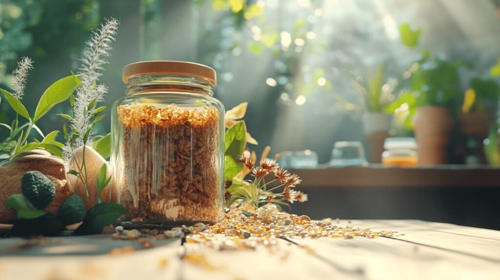 Bien sûr ! Voici la description modifiée avec l'ajout des mots-clés « shilajit », « shilajit pur », « shilajit en bocal » et « shilajit résine » dans le texte : --- Un pot en verre rempli d'herbes séchées, de céréales et de shilajit repose sur une table en bois ensoleillée entourée de plantes vertes et de fleurs. La lumière du soleil traverse l’arrière-plan, soulignant la beauté naturelle de la scène. Le pot en verre contient du shilajit pur authentique dans sa forme la plus pure, se présentant comme un shilajit en bocal de haute qualité. Autour de lui se trouvent de délicats mélanges d'herbes et une atmosphère invitante suggérant la santé et le bien-être. La riche couleur de la résine shilajit est visible à travers le pot transparent, soulignant sa fraîcheur et sa pureté. --- N’hésitez pas à me demander d’autres variantes ou une traduction en français complète !.