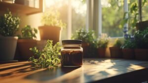 Voici le texte modifié pour inclure les mots-clés demandés : Un bocal en verre de shilajit, étiqueté « shilajit pur » ou « shilajit en bocal », est posé sur une table en bois remplie d'herbes séchées. À proximité, des plantes fraîches en pot entourent la scène, et la lumière chaude d'une fenêtre voisine illumine la résine de shilajit et les ingrédients naturels. L'atmosphère évoque une cuisine chaleureuse et naturelle, baignée par la douce lumière du soleil, où l'on peut profiter des bienfaits du shilajit.