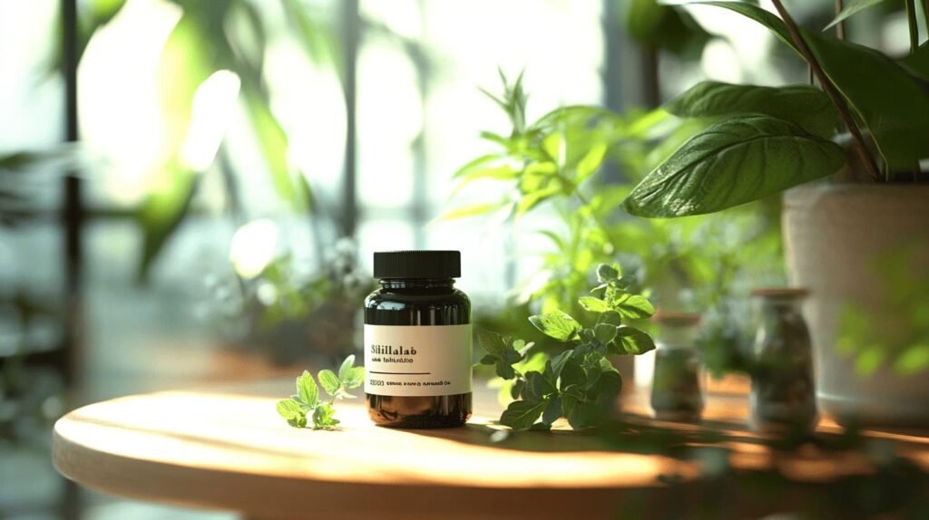 Bien sûr ! Voici une version du texte qui inclut les mots-clés demandés : Une bouteille en verre foncé étiquetée « Stillilab » repose sur une table en bois ensoleillée entourée de plantes vertes luxuriantes et de petits pots en verre de shilajit, shilajit pur, shilajit en bocal et shilajit resine, créant une atmosphère fraîche et naturelle à l'intérieur. Si tu souhaites la version en français : Une sombre bouteille en verre portant l'étiquette « Stillilab » est posée sur une table en bois baignée de soleil, entourée de plantes vertes luxuriantes et de petits bocaux contenant du shilajit, du shilajit pur, du shilajit en bocal et du shilajit résine. L’ensemble crée une ambiance fraîche et naturelle à l’intérieur. Dis-moi si tu veux encore plus intégrer ou répéter ces mots dans le texte !.