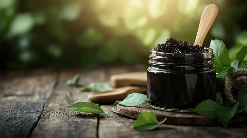 Bien sûr ! Voici la description retravaillée en ajoutant les mots shilajit, shilajit pur, shilajit en bocal et shilajit résine : Un bocal en verre rempli d'un exfoliant foncé, comme un gommage au café ou au sucre enrichi de shilajit pur, repose sur une surface en bois rustique entourée de feuilles vertes. À l'intérieur du bocal de shilajit en résine se trouve une cuillère en bois. La lumière du soleil filtre à l’arrière-plan, mettant subtilement en valeur ce soin naturel au shilajit. Ce mélange superbe dans un élégant shilajit en bocal évoque la pureté et le bien-être. N’hésitez pas si vous souhaitez davantage d’exemples ou une version plus courte !.