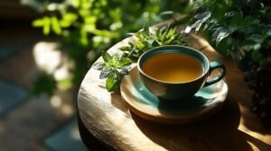 Bien sûr ! Voici le texte retravaillé en intégrant les mots-clés : shilajit, shilajit pur, shilajit en bocal, et shilajit résine : Une tasse de thé au shilajit pur repose sur une soucoupe posée sur une table en bois, entourée d'herbes vertes fraîches. Le tout est illuminé par la lumière naturelle du soleil qui crée une atmosphère chaleureuse et accueillante. À côté de la tasse se trouve un petit bocal contenant du shilajit résine. Cette scène invite à savourer un moment de détente autour d'un thé enrichi au shilajit, qu'il s'agisse de shilajit pur ou présenté en bocal sous forme de résine. N'hésitez pas si vous souhaitez d'autres variantes !.