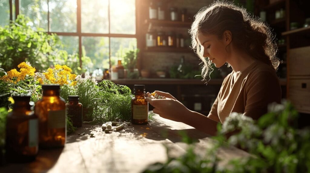 Bien sûr ! Voici votre texte enrichi avec les mots-clés demandés : shilajit, shilajit pur, shilajit en bocal, shilajit résine. --- Une femme est assise à une table en bois dans une pièce baignée de soleil et remplie de plantes ainsi que de flacons d'herbes médicinales. Elle examine attentivement un contenant de capsules. Autour d'elle se trouvent des bouteilles de médecines naturelles, du shilajit sous différentes formes comme le shilajit pur, du shilajit en bocal et du shilajit résine, parmi la verdure et divers produits à base d'herbes. L'ambiance met en valeur l'intérêt pour les bienfaits des plantes médicinales et la qualité du shilajit utilisé au quotidien. --- N'hésitez pas si vous souhaitez que j'ajoute ces mots-clés dans un autre contexte ou un autre texte !.