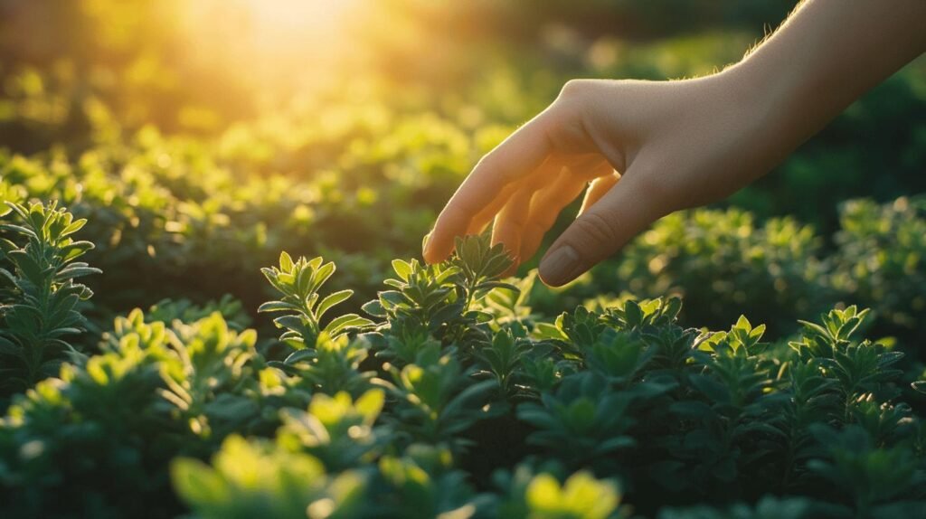 Bien sûr ! Voici la phrase enrichie avec les mots shilajit, shilajit pur, shilajit en bocal, et shilajit résine dans le texte : Une main effleure doucement des plantes vertes dans un champ baigné de soleil, tandis que la lumière chaude traverse les feuilles et crée une atmosphère sereine et paisible. Dans ce décor naturel, le shilajit pur trouve parfaitement sa place ; qu'il soit présenté sous forme de shilajit en bocal ou de shilajit résine, il incarne l'harmonie entre l'homme et la nature. N'hésitez pas si vous souhaitez davantage d'adaptations !.