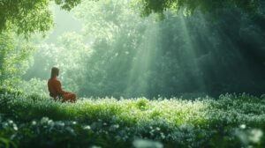 Bien sûr ! Voici la description reformulée, intégrant les mots-clés demandés (" shilajit ", " shilajit pur ", " shilajit en bocal " et " shilajit résine ") de façon naturelle : Une personne vêtue d'une robe orange est assise en tailleur, méditant sur un champ de fleurs blanches. À ses côtés reposent un bocal de shilajit pur et une petite quantité de shilajit résine, témoignant des bienfaits naturels du shilajit dans sa pratique spirituelle. Tout autour, la nature luxuriante-avec ses arbres verts baignés d'une lumière douce filtrant à travers le feuillage-invite au calme et à l'harmonie. N'hésitez pas si vous souhaitez davantage ou une variante de ce texte !.