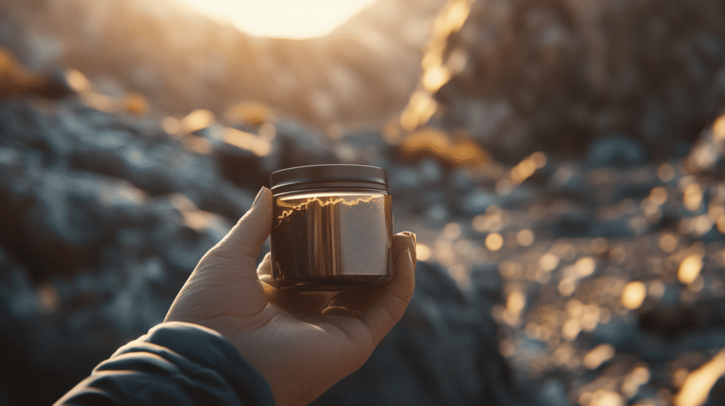 Une main tient un petit pot de verre de shilajit, shilajit pur, shilajit en bocal, shilajit resine en plein air sur un terrain rocailleux à la lumière du soleil.