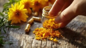 Une main prend des pétales de fleurs jaunes séchées dans un petit pot de verre contenant du shilajit pur, avec de la résine de shilajit, des capsules et des fleurs fraîches à proximité.