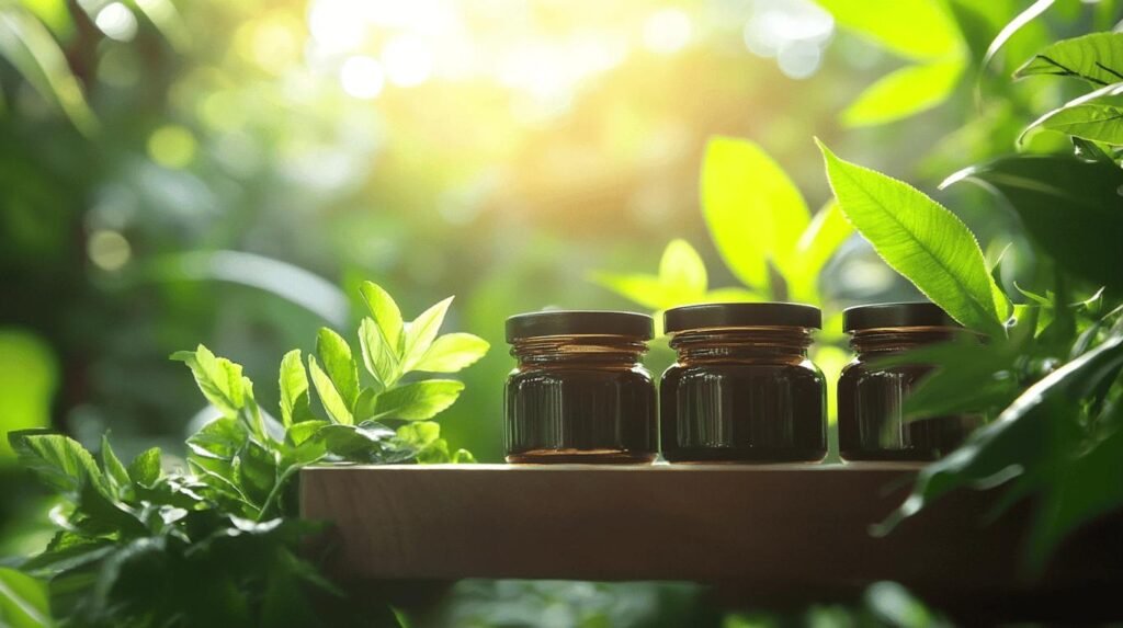 Trois petits pots en verre de shilajit pur, étiquetés shilajit résine en bocal, sur bois avec feuilles vertes et fond ensoleillé.