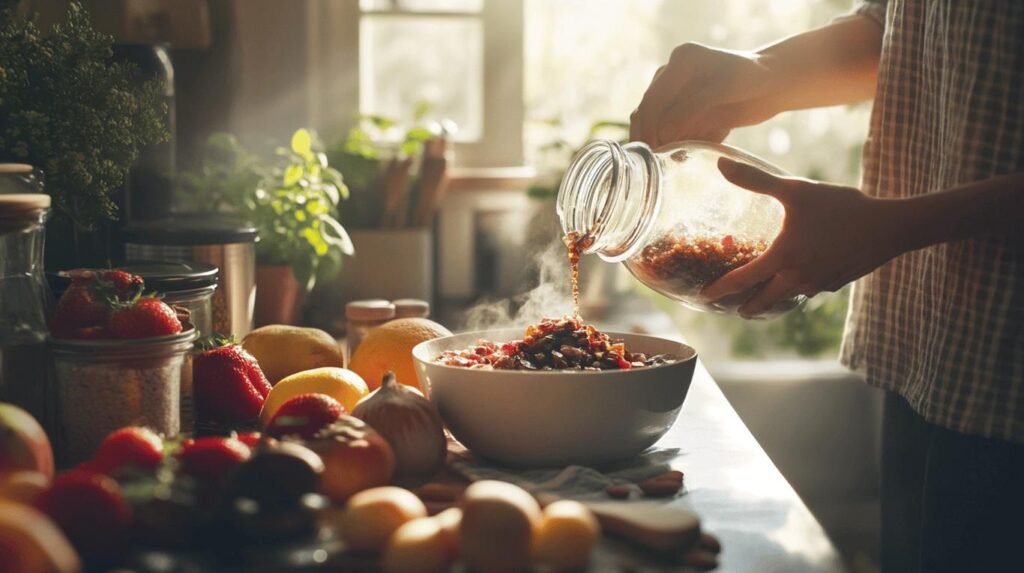 Une personne verse des fruits secs et du shilajit pur d'un bocal en verre dans un bol fumant, avec de la résine de shilajit, du bocal et des fruits frais à proximité.